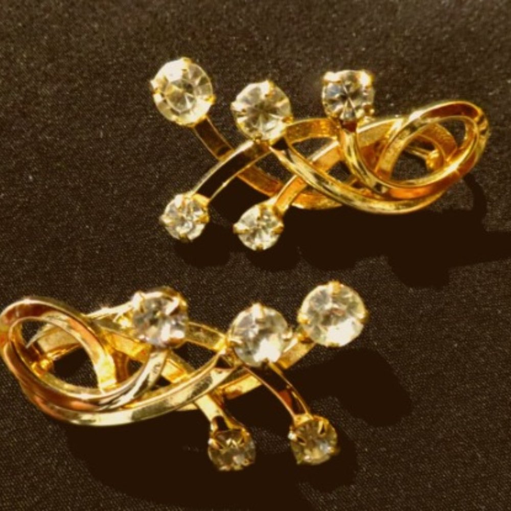 Vtg EMMONS Signed Rhinestone Clip Earrings Gold